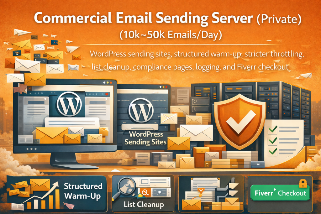 Commercial email sending server (private) for 10k–50k emails/day with WordPress sending sites, structured warm-up, stricter throttling, list cleanup, compliance pages, logging, and Fiverr checkout.
