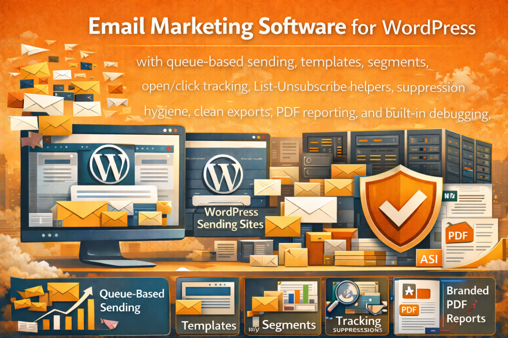 Email marketing software for WordPress with queue-based sending, templates, segments, open/click tracking, List-Unsubscribe helpers, suppression hygiene, clean exports, PDF reporting, and built-in debugging.