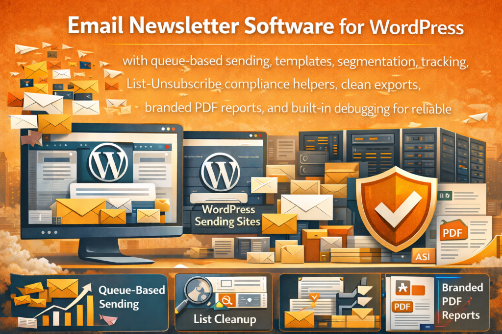 Email newsletter software for WordPress with queue-based sending, templates, segmentation, tracking, List-Unsubscribe compliance helpers, clean exports, branded PDF reports, and built-in debugging for reliable newsletters.