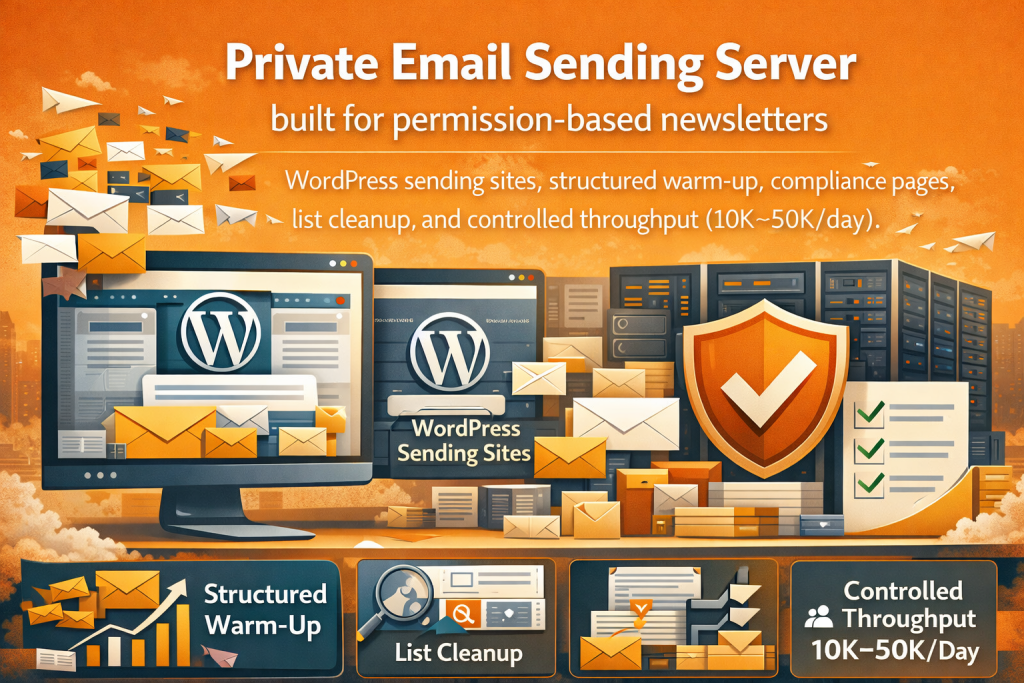 Private Email Sending Server built for permission-based newsletters: WordPress sending sites, structured warm-up, compliance pages, list cleanup, and controlled throughput (10K–50K/day).