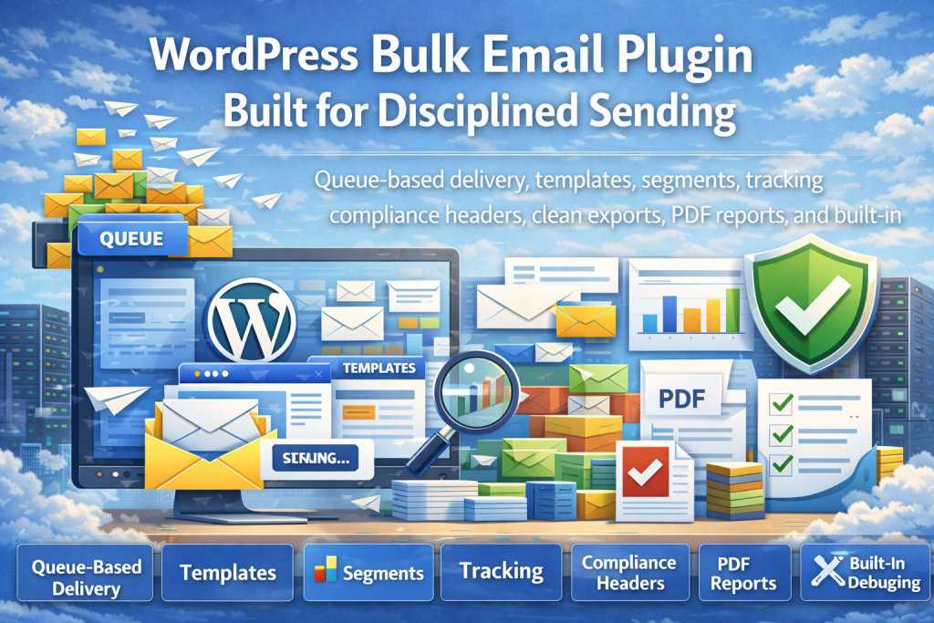 WordPress bulk email plugin built for disciplined sending: queue-based delivery, templates, segments, tracking, compliance headers, clean exports, PDF reports, and built-in debug visibility.